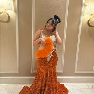Orange Sequin Gown with Silver Accents